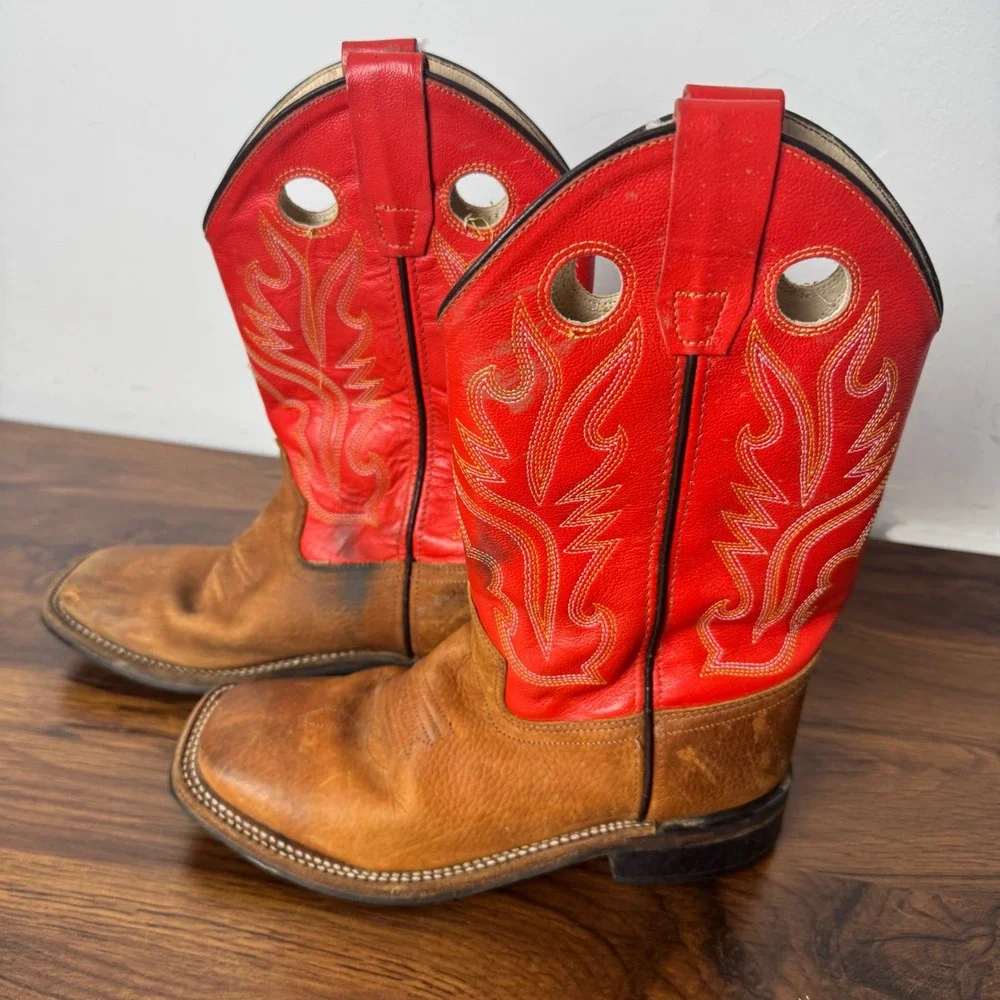 Old West Kids BSY1811 Red and Brown Leather Square Toe Cowboy Boots Size 4